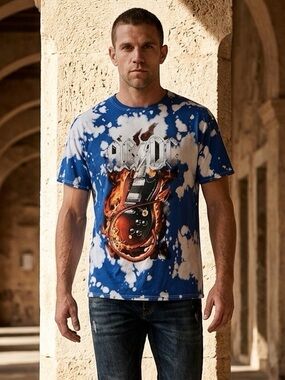 NWOT Unisex Blue White Tie Dye Short Sleeve Graphic Tee Shirt AC/DC - Size S